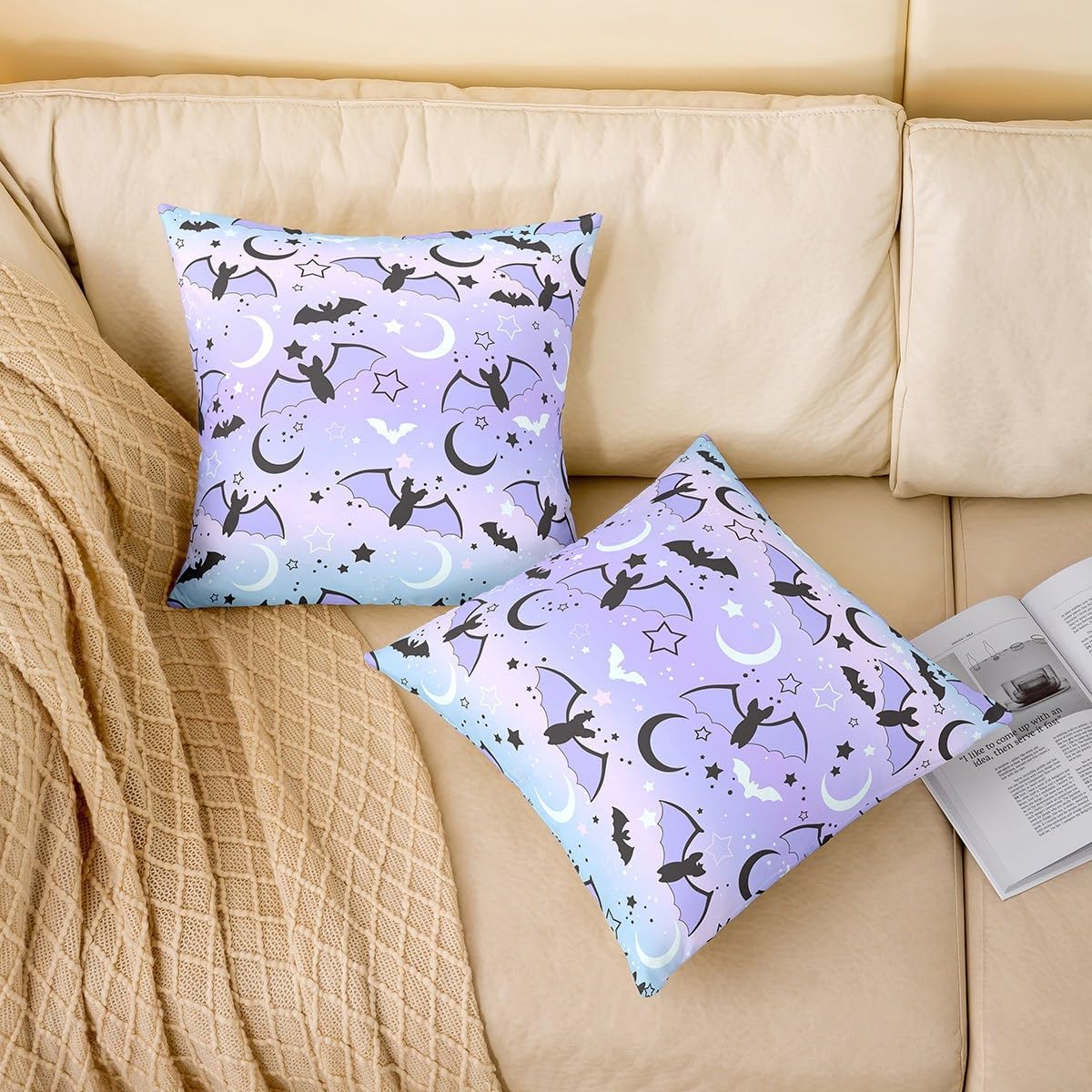 Halloween Decorative Throw Pillowcases Couch Chair Rainbow Throw Pillow Covers 24"x24" Set of 2 Bat Moon Star Print Pillow Cases Cushion Covers Halloween Theme Purple Gradient Style Cushion Cases