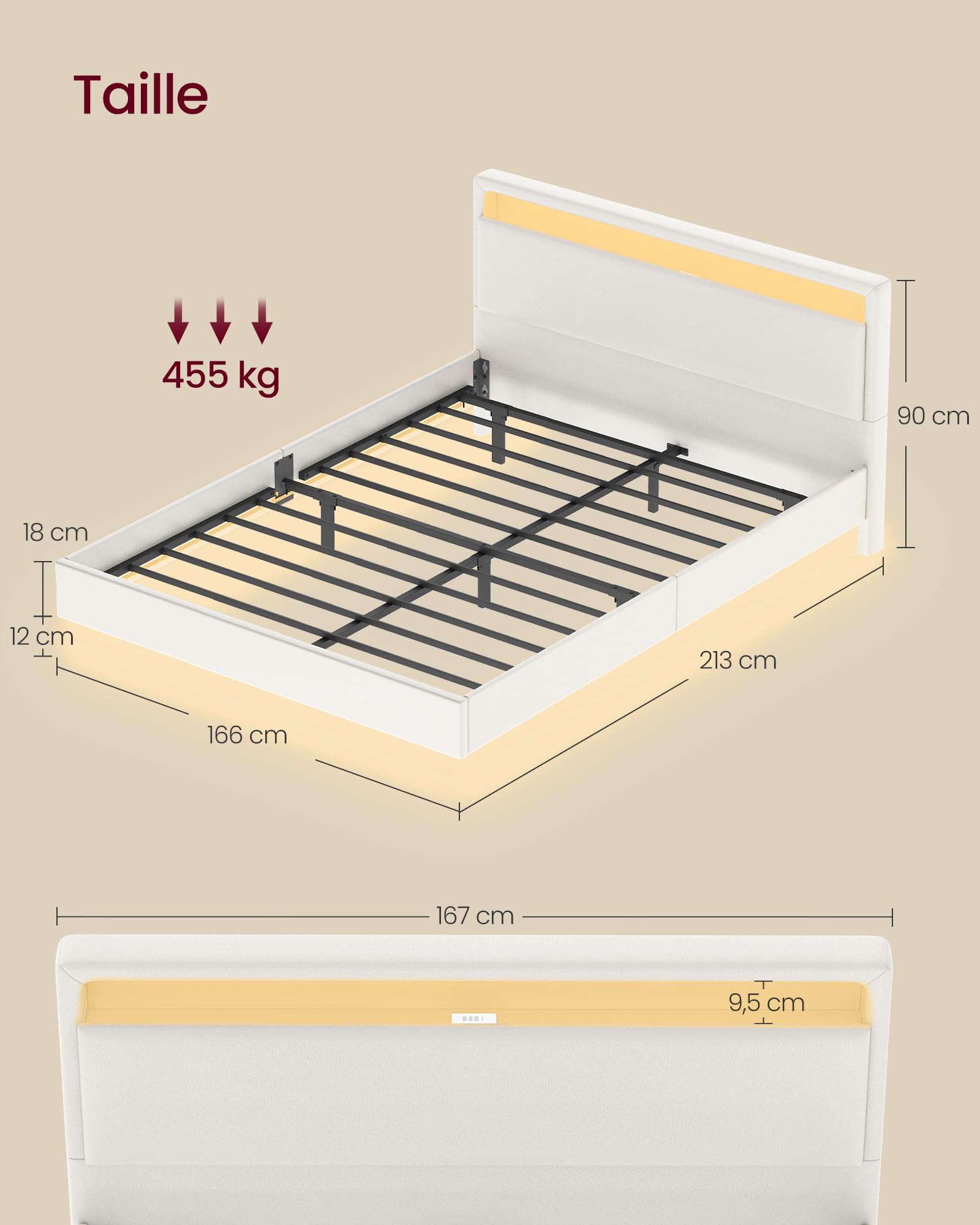 VASAGLE Lit Double, Cadre de Lit, 160 x 200 cm, Cadre Flottant avec Éclairage LED, Tête de Lit Haute, Multiprise, Style Moderne, Blanc Nuage RMB865W01