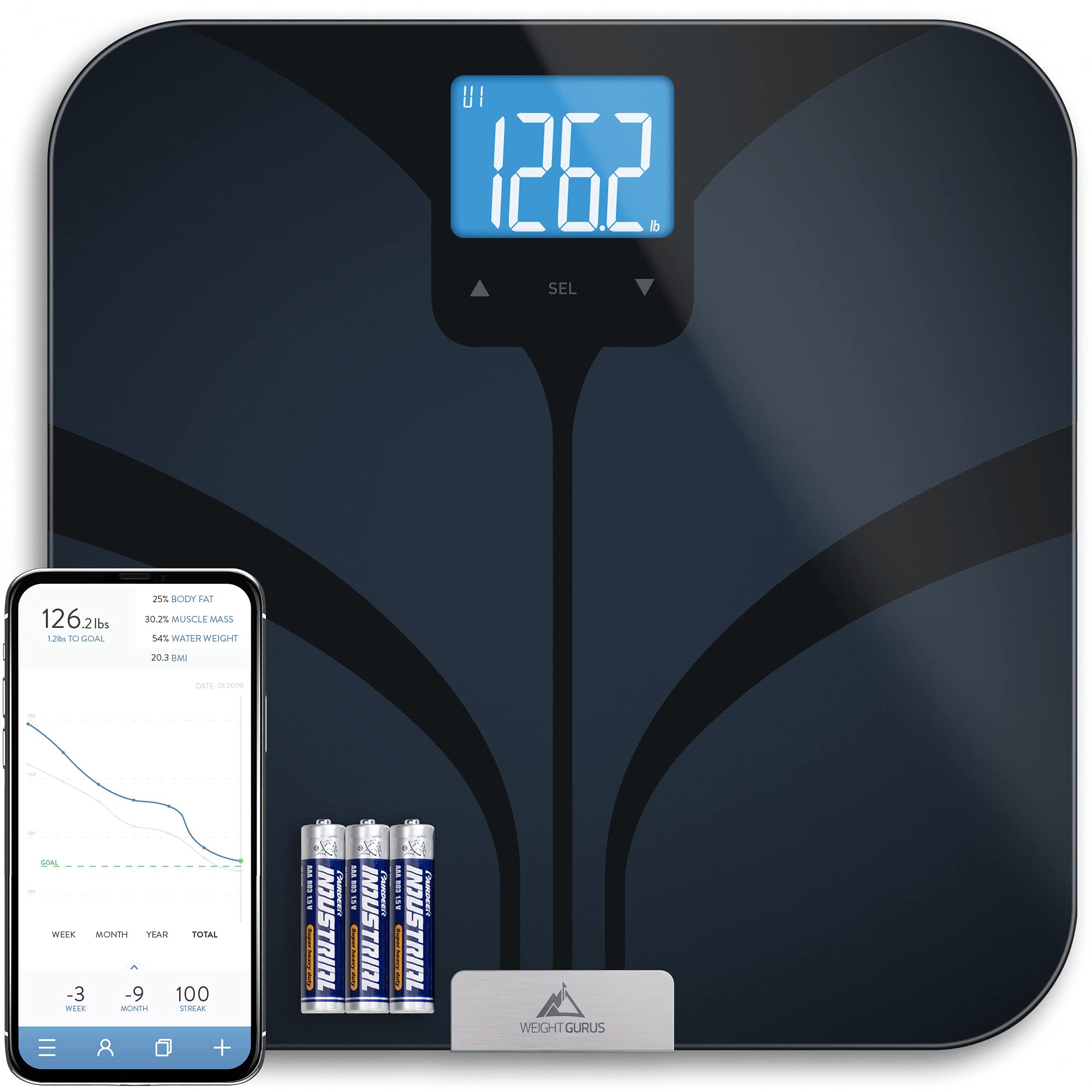 Greater Goods Bluetooth Connected Bathroom Smart Scale, Measures & Tracks BMI, Lean Mass, Water Weig
