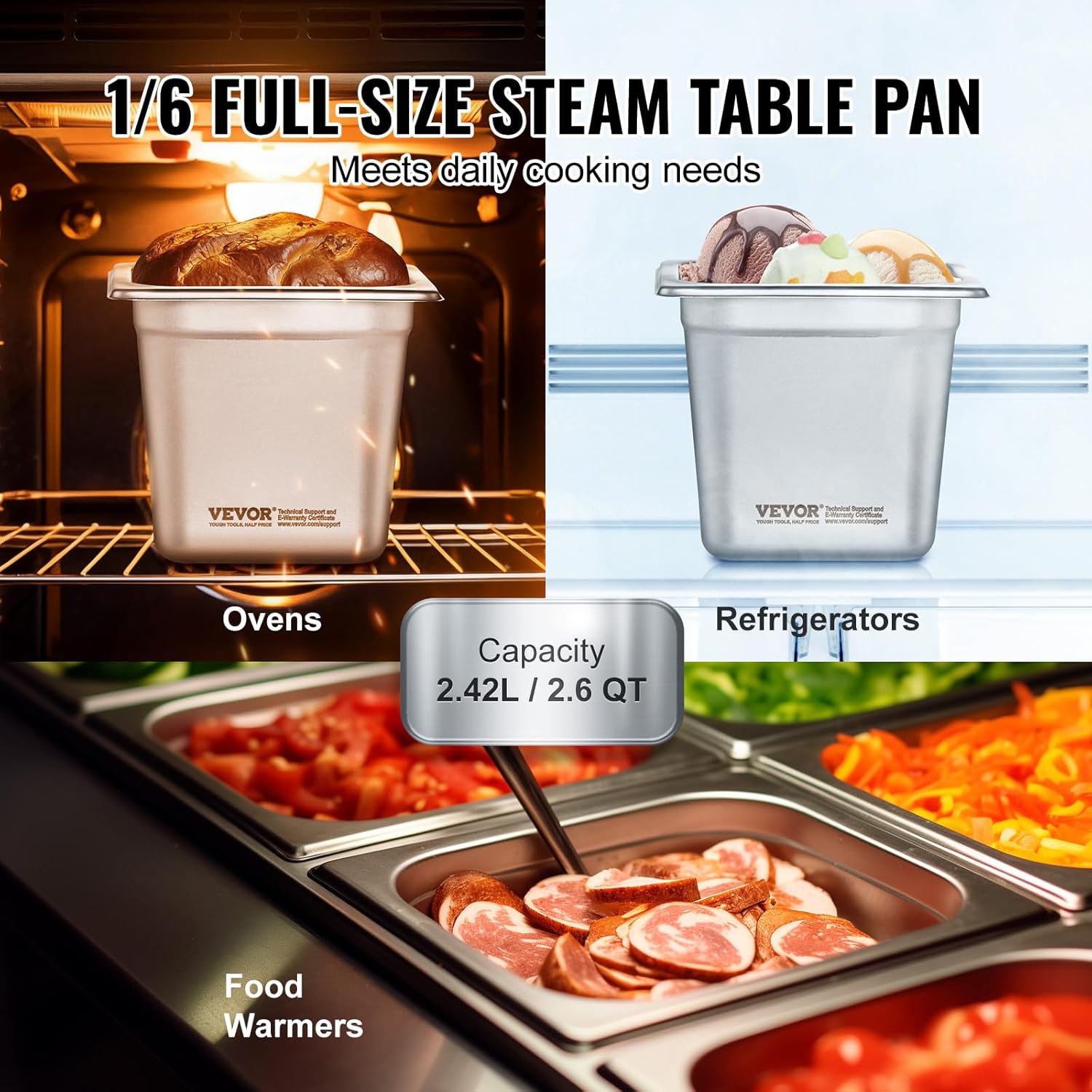 VEVOR 8 Pack 6" Deep Hotel Pans, 1/6 Size Steam Table Pan, 22 Gauge, 0.8mm Thick, Commercial Stainless Steel Chafing Steam Table Pan, Catering Storage Food Pan