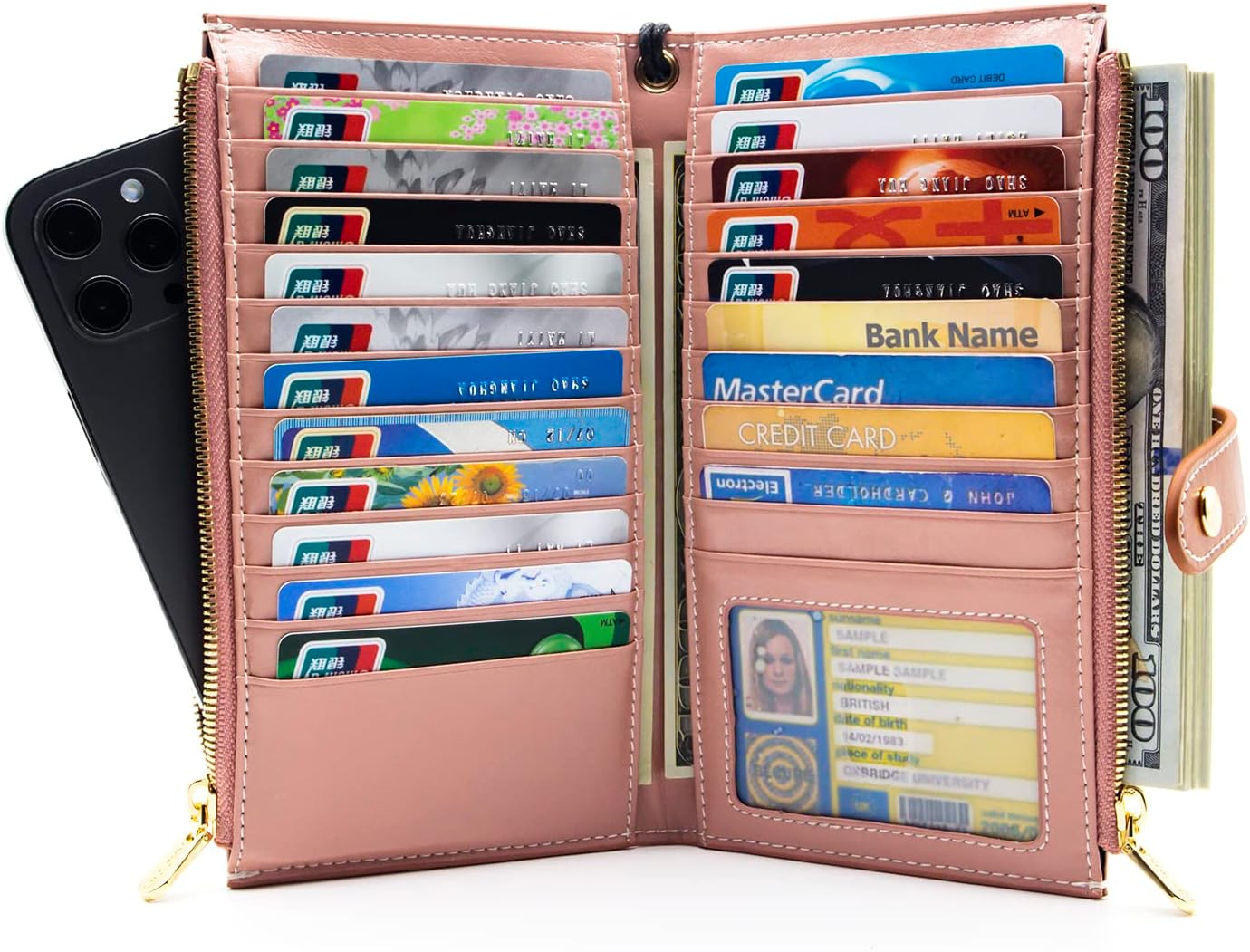 ANDOILT Wallet Women Men RFID Blocking Genuine Leather Bifold Multi Card Organizer Wristlet Purse with Zipper Pocket Cell Phone Handbag Pink - Image 2