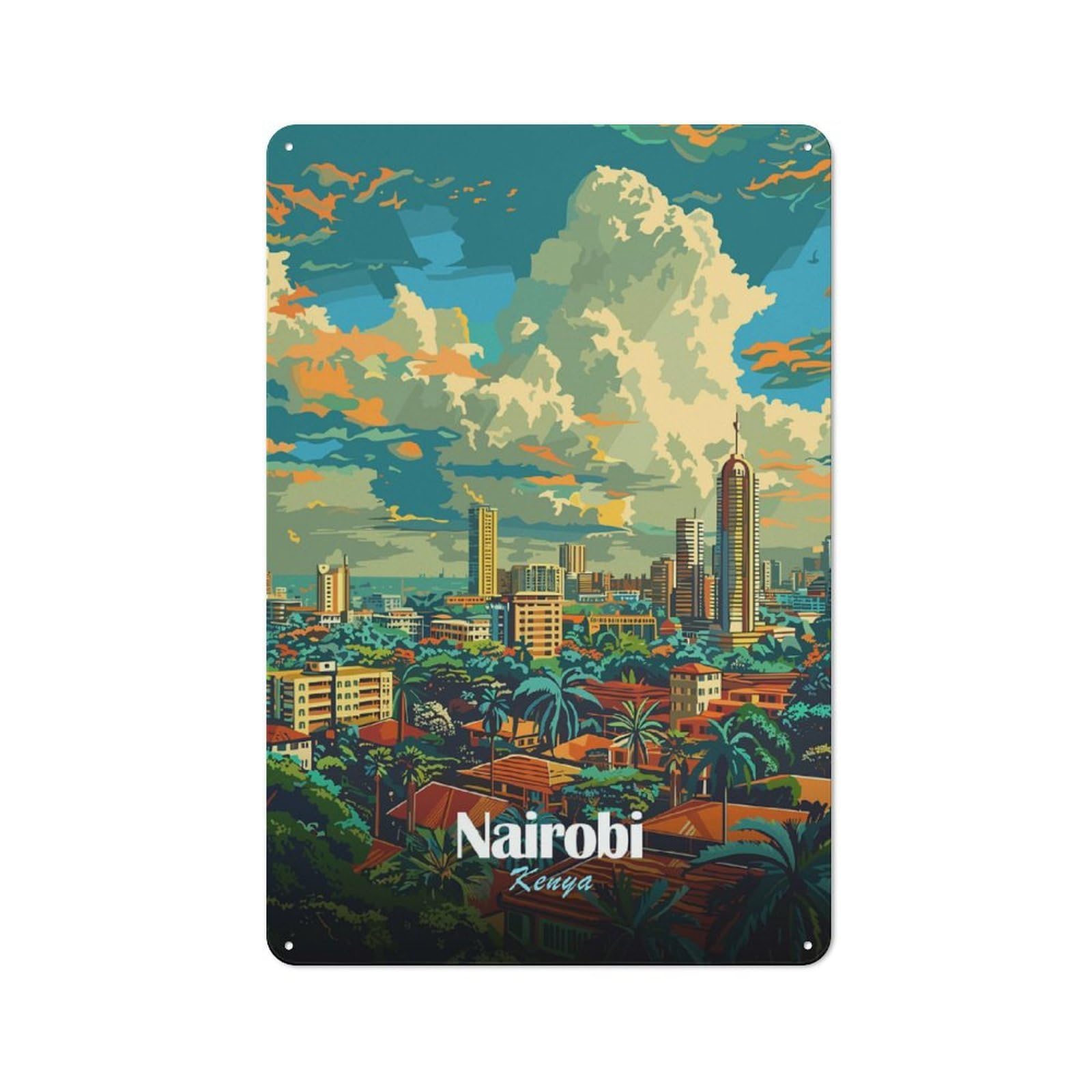 Nairobi Skyline Illustration Urban Metal Wall Decor 30x20cm, Industrial Metal Sign for Flat, Bar, Studio Or Gallery Wall
