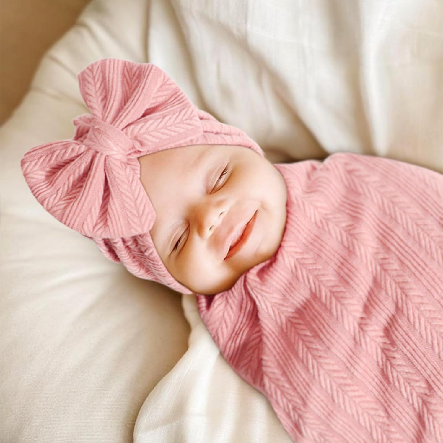 AQOKKA Newborn Receiving Blanket with Bow Hat Mittens Set Wheat-Pattern Newborns Toddler Baby Boy Girl Nursery Swaddle Wrap