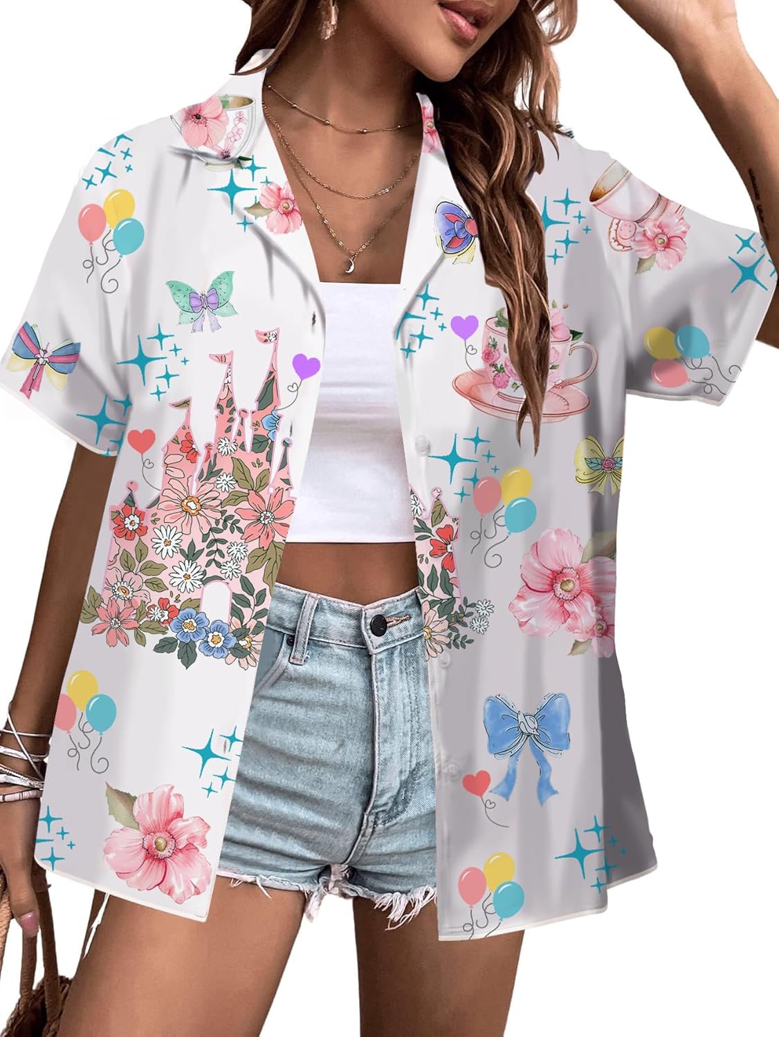 Magical Shirt for Women Hawaiian Holiday Vacation Button Down Top King Dom Fairy Tale Graphic Tshirt