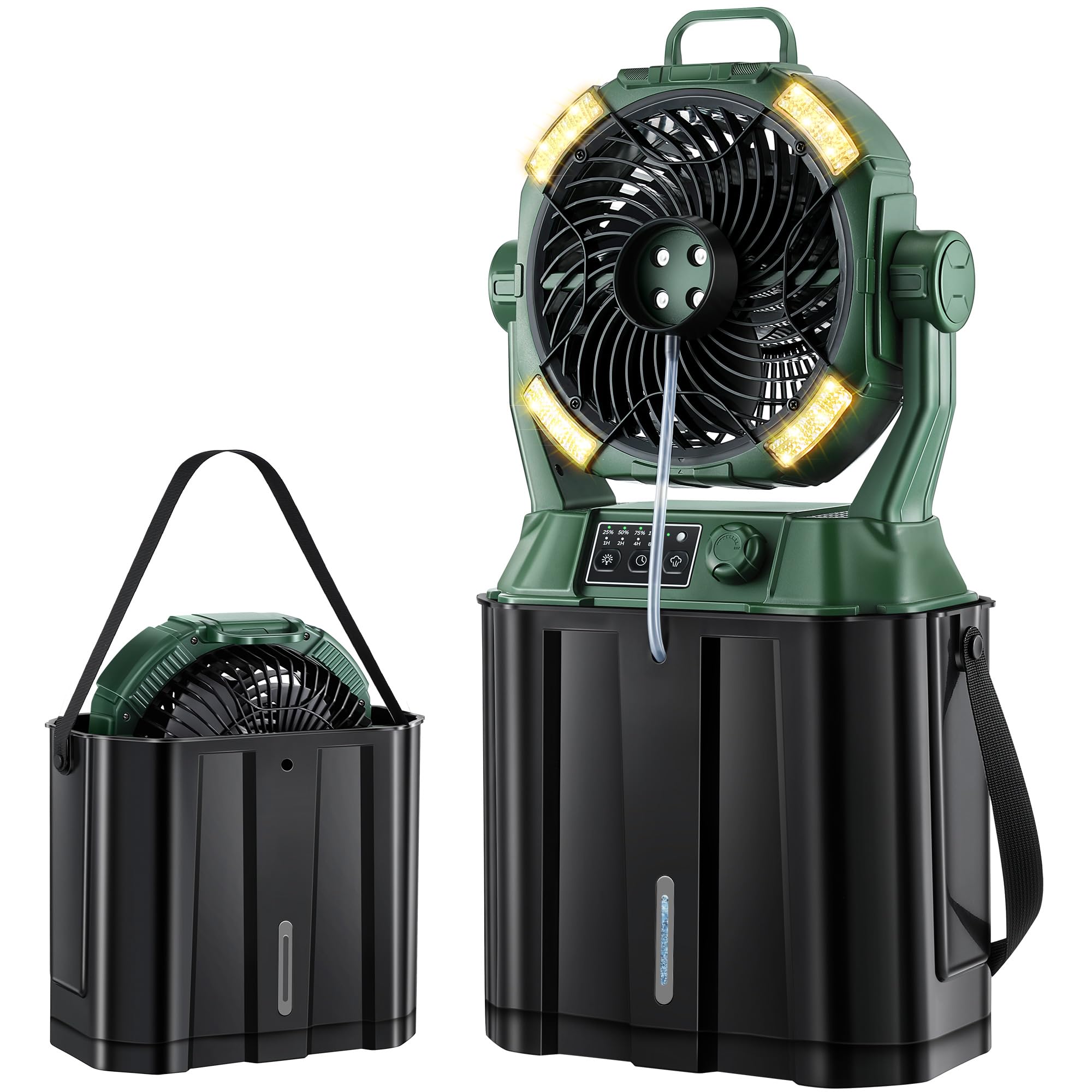 Tragbarer Nebelventilator, 4 LED-Lichter, stufenlose Geschwindigkeitsregelung und 4 Ausgänge, Kühlspray mit 6 l Eimer, Timer-Funktion, tragbarer Griff, 20.000 mAh, Campingventilator für