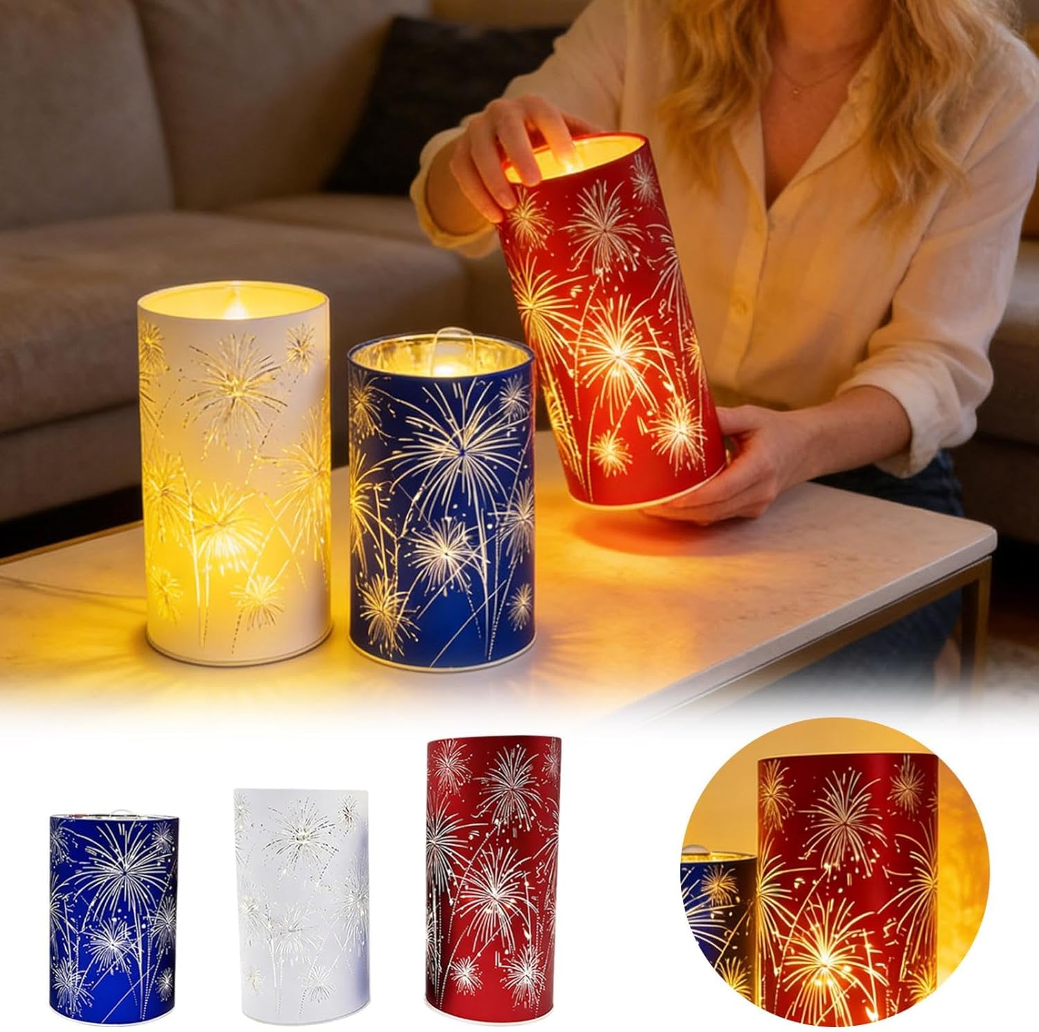 Set of 3 Celebration Hurricanes,Etched Firework Starburst Glass Pedestals with Warm White LED Lights,Starry Night Firework Glass Hurricanes for Bedroom Dining Table Holiday July 4th Decor (Multicolor)