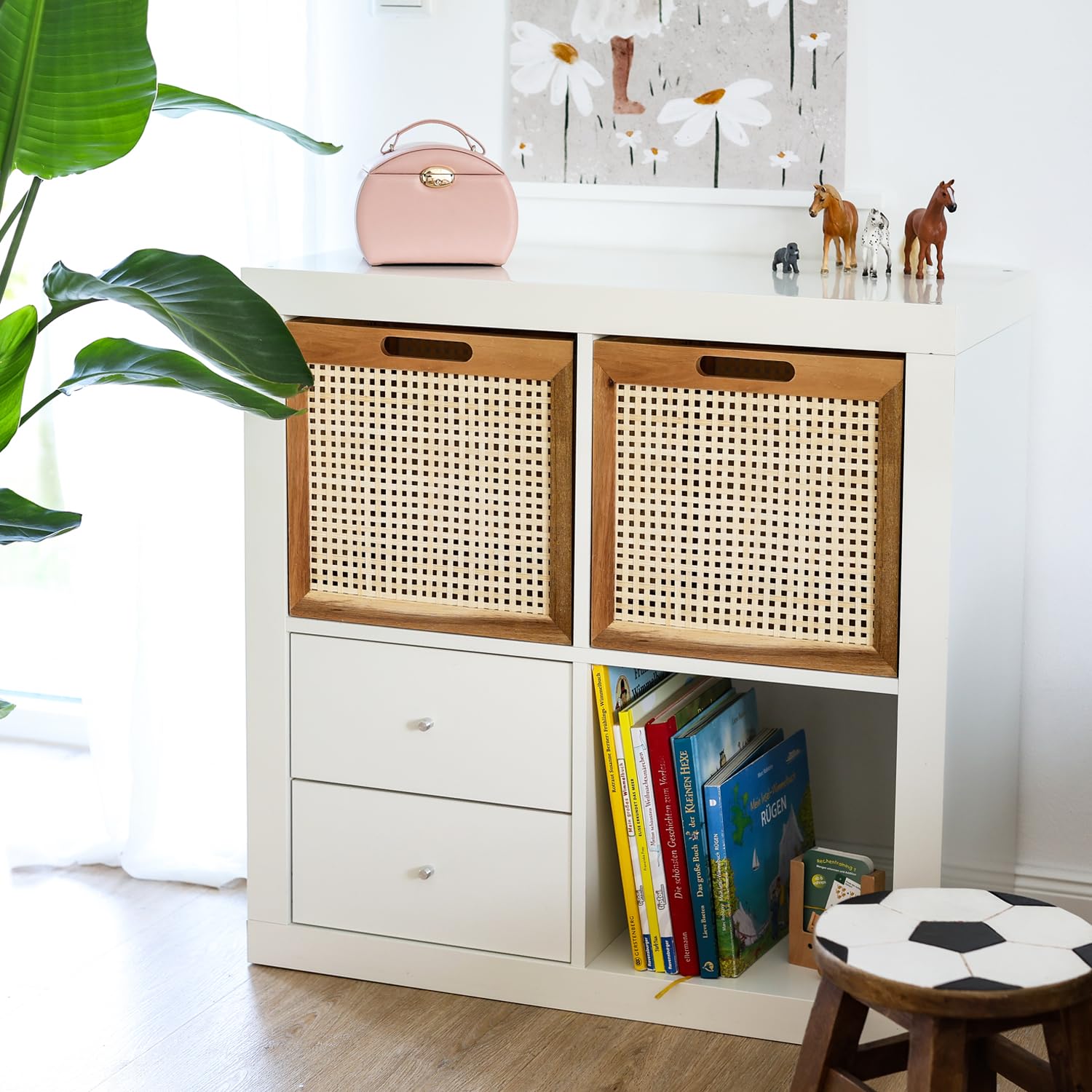 HMF Cesto portaoggetti adatto per scaffali Kallax, cesto in rattan con vimini viennese e legno di acacia, modello 3, 32 x 34 x 32 cm