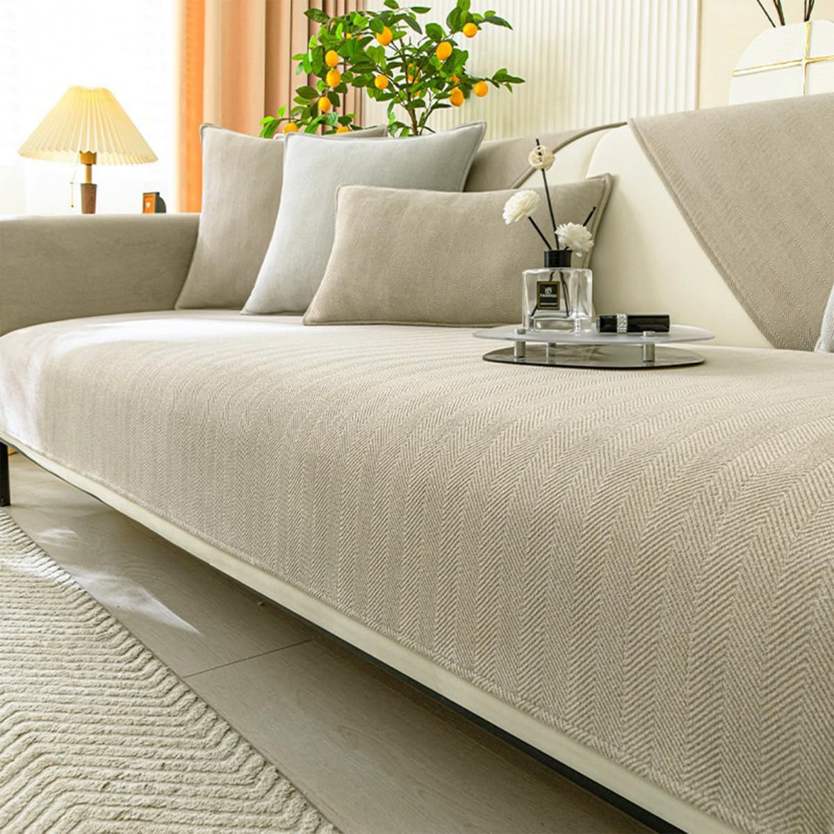 Herringbone Chenille Fabric Furniture Protector, Universal Non-Slip L Shape Couch Cover, Funny Sofa Cover, Milk Tea Color, 110*160CM