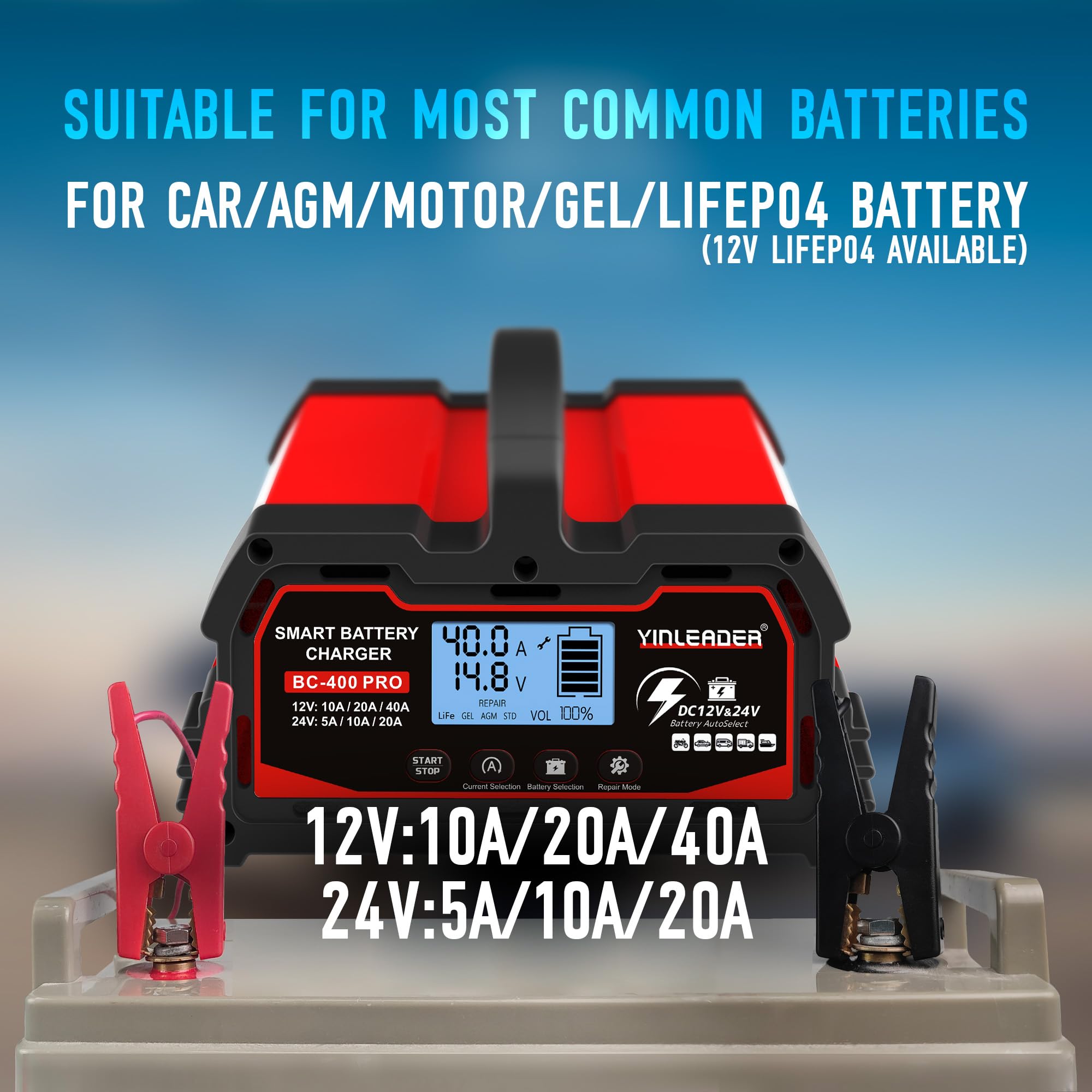 Yinleader Autobatterie Ladegerät 40A 12V/24V Batterieladegerät Auto Vollautomatisches Intelligentes Erhaltungsladegerät mit LCD-Bildschirm, Ladegeräte für Autobatterien