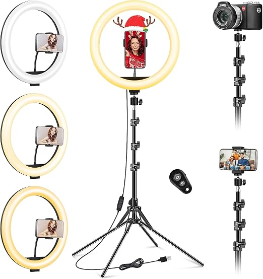 VEVICE Ring Light 11.5 pouces avec trépied télescopique et double support téléphone