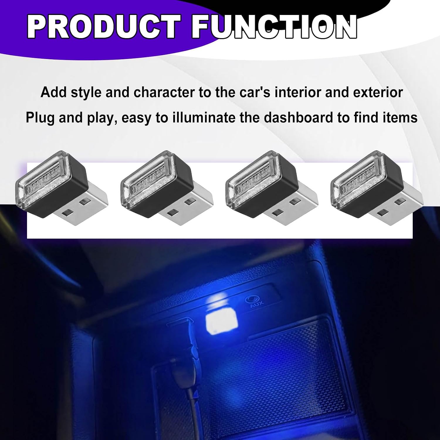4 PCS USB LED Car Ambient Lighting Kit Plug in Atmosphere Lamps Portable Auto Interior Decor Night Lights Universal for Most Cars SUVs Trucks (Blue)
