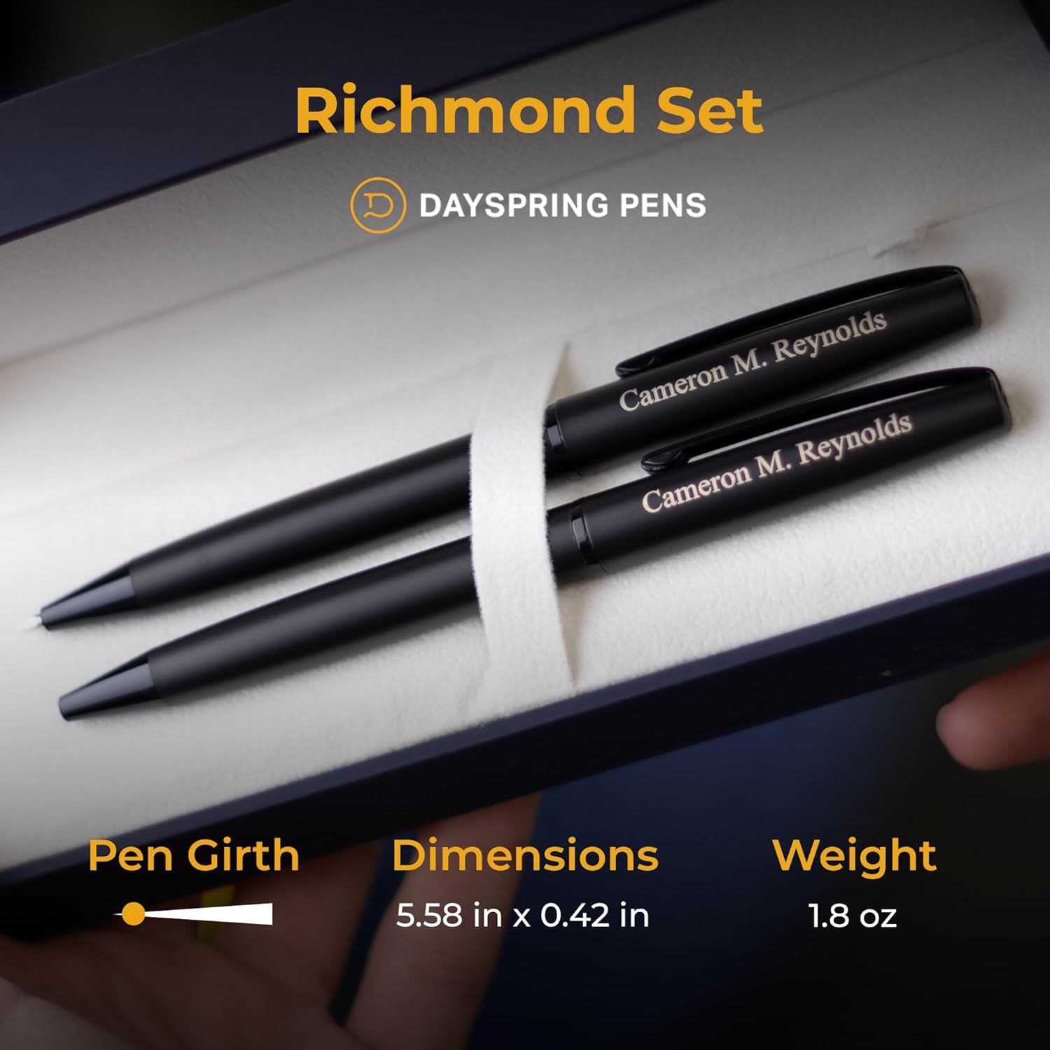 Dayspring Pens Richmond Ballpoint Pen and Pencil Set in Matte Black | Personalized/Engraved Gift Pen. Unique Gift with Engraved Name or Custom Message