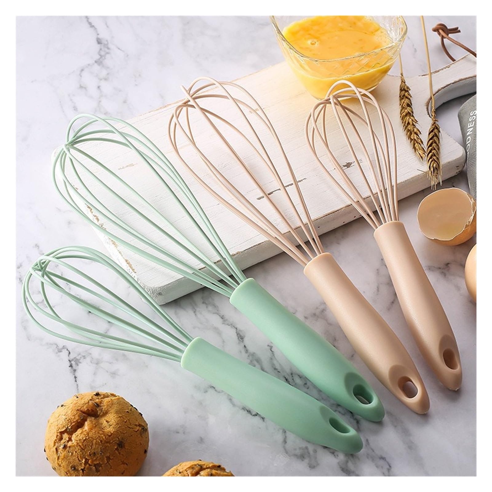 Batidor manual de huevos - globo silicona que ahorra espacio for uso en la cocina(2pcs Green 10 12in)