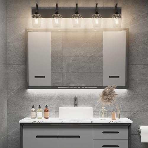 Miniatura 2 de Ralbay Lámparas de baño negras mate, 5 luces, luces industriales negras de vidrio transparente, vintage, Edison negro mate, montaje en pared, para