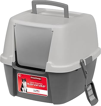 IRIS USA Cat Litter Box Large with Front Door Flap, Covered Enclosed Litter Box Enclosure with Scoop, Handle & Buckles for Po