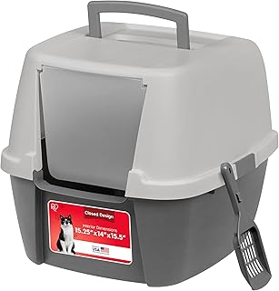 Caja de arena para gatos IRIS USA, arenero para gatos grande con puerta frontal abatible y pala, caja de arena cubierta para gatos con asa y hebillas para portabilidad y privacidad, color gris