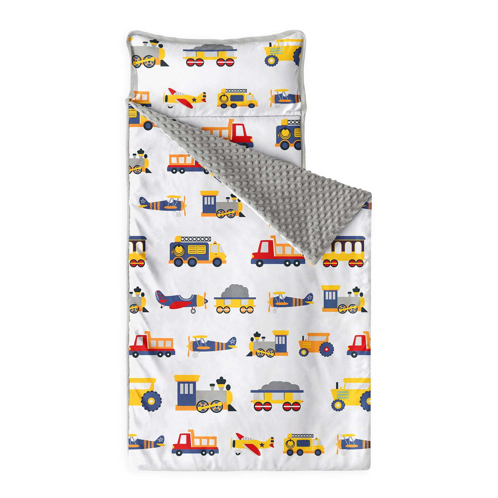 Wake In Cloud - Toddler Nap Mat with Pillow and Minky Fleece Blanket, for Kids Boys Ages 3 Plus in Daycare Preschool Kindergarten, Roll Up Sleeping Bag, Planes Trains Trucks