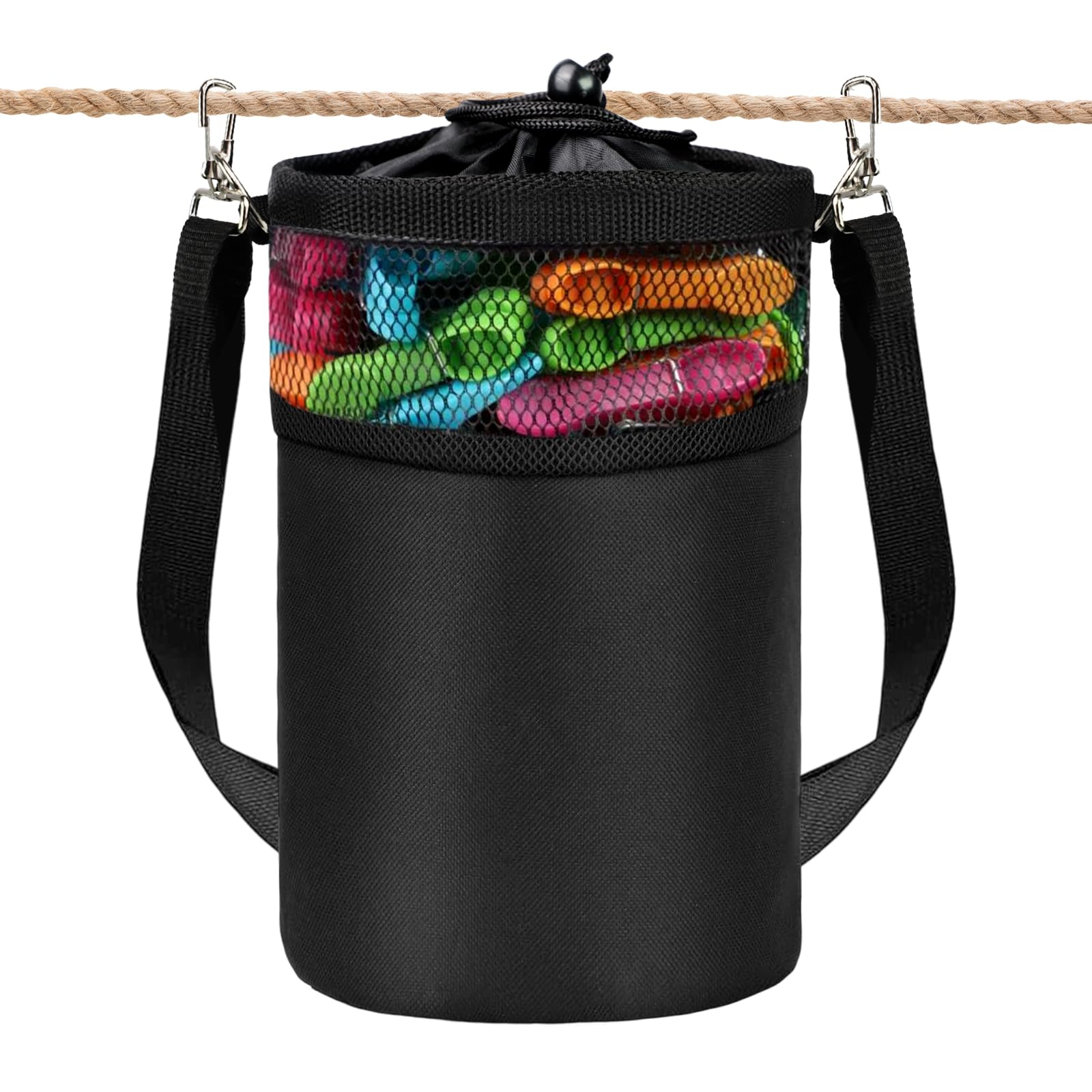 Bateya Waterproof Peg Bag,Black Hanging Clothes Peg Storage Bag with Hooks,1.2m Adjustable Shoulder Strap & Clothes Clips,Multifunctional Organizer for Indoor Outdoor Washing Line Use