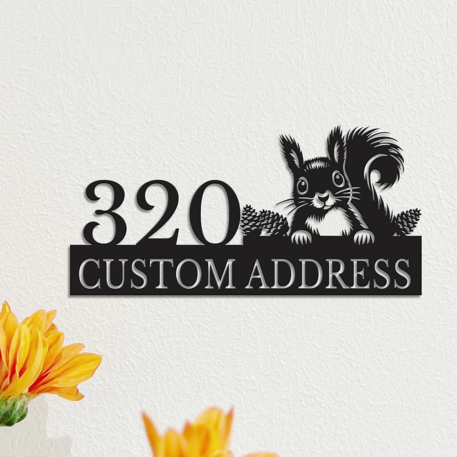 Custom Squirrel Address Plaque, Personalized Outdoor House Numbers Sign, Animal Themed Black Metal Wall Art for Garden Yard Front Door Patio Decor, Home Office Decor (Style-1)