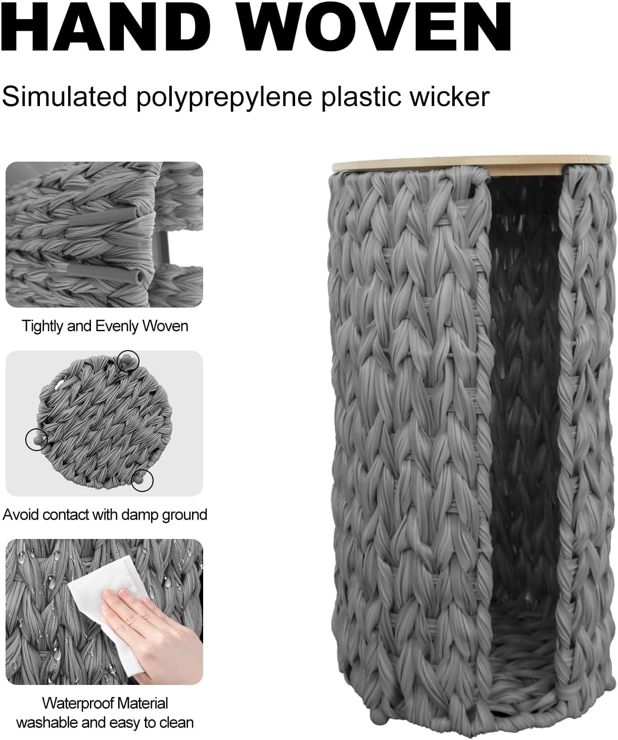 Coeusy Grey Toilet Paper Holder Stand,4 Rolls of Toilet Tissue Storage for Bathroom Floor,Plastic Wicker Woven Toilet Paper Storage with Wooden Lid,Free Standing