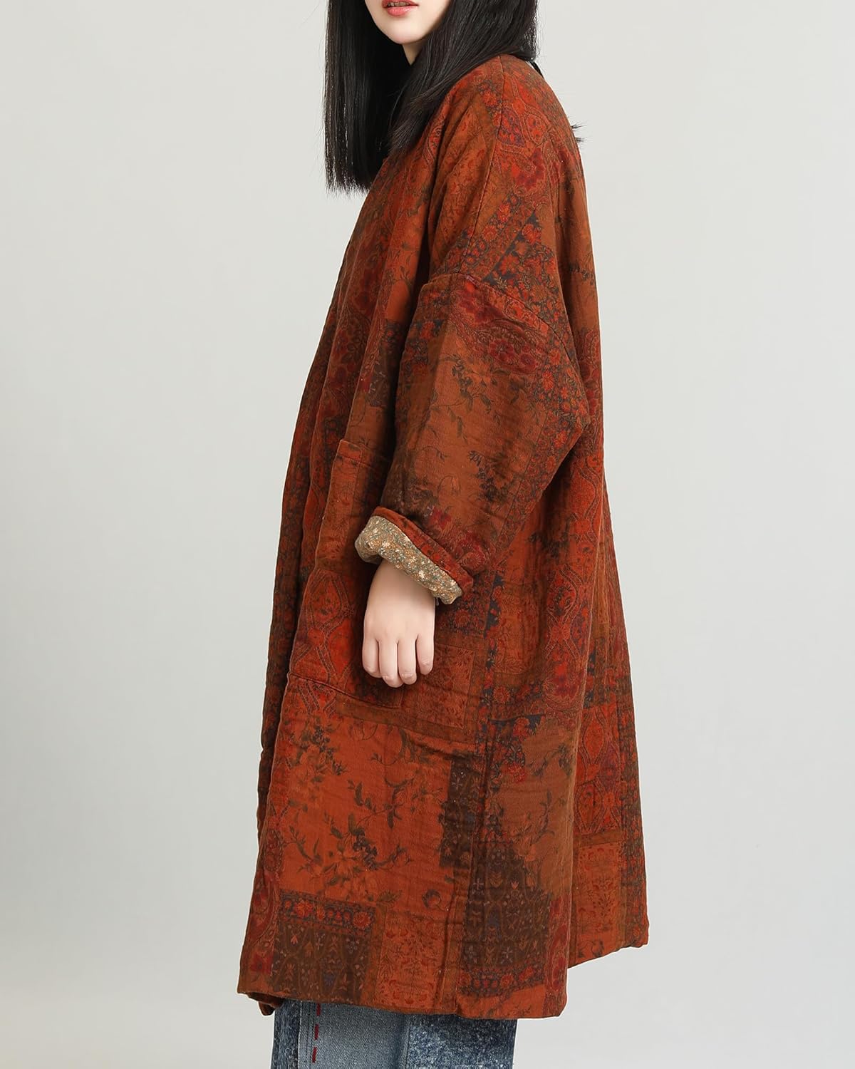 LUZU JUNU Women's Cotton Padded Floral Jacket Kimono Soft Quilted Flower Printed Long Loose Outwear Coats - Image 2