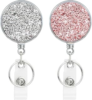 2 Pack Bling Retractable Badge Holder, Unique Stylish Metallic Badge Reel Clip, ID Badge Clip on Name Card (Silver&Pink)
