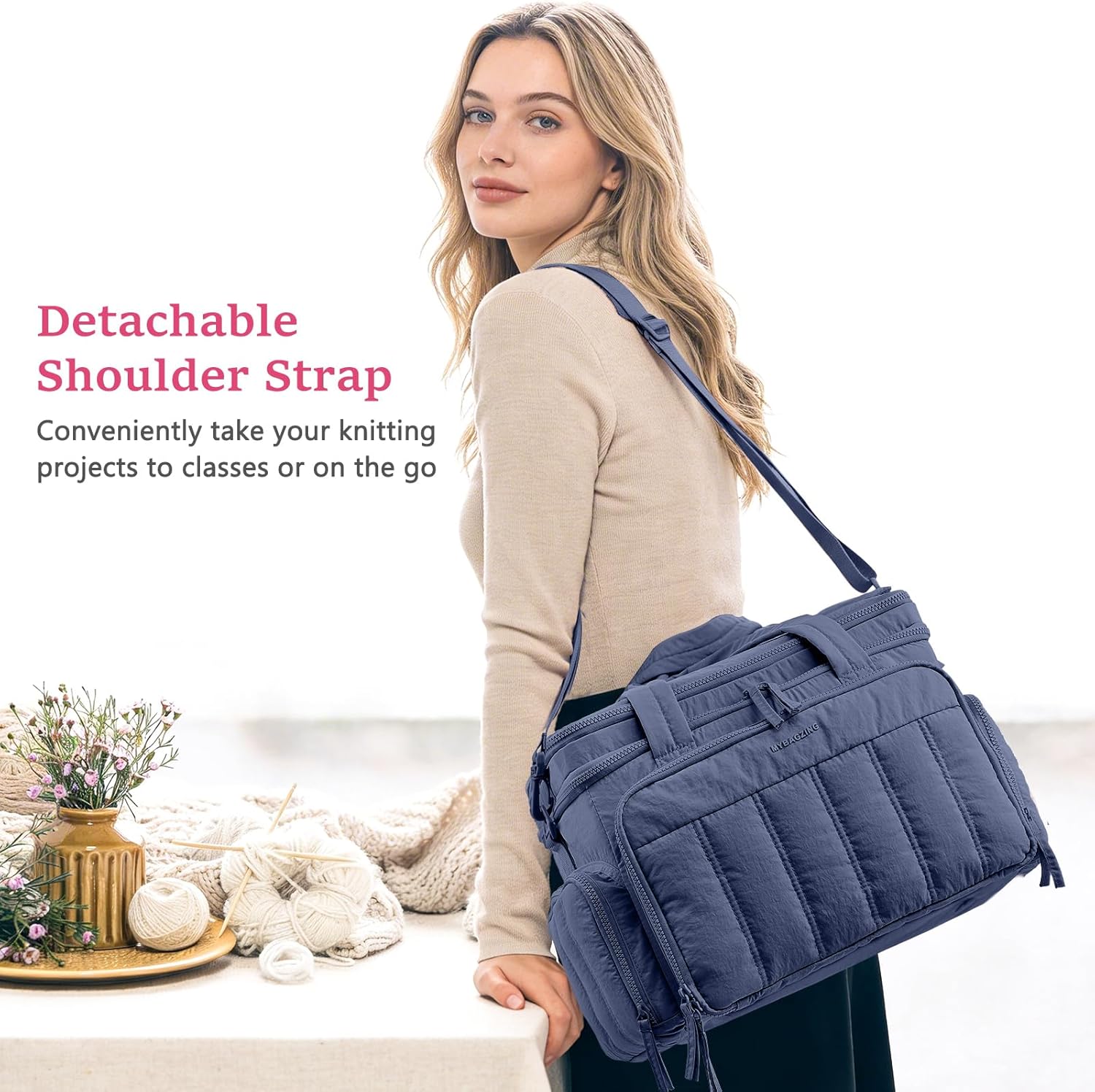 MYBAGZING Large Knitting & Crochet Bag Organizer for Yarn Storage, Double-Layer Knitting Project Bag with 6 Grommets, Yarn Organizer Tote for Knitting Supplies Crochet Hooks & Accessories Gift for Mom