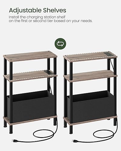 Miniatura 4 de Mesa auxiliar pequeña y estrecha con estación de carga, mesa auxiliar delgada con cesta de tela, mesita de noche delgada para espacios pequeños,