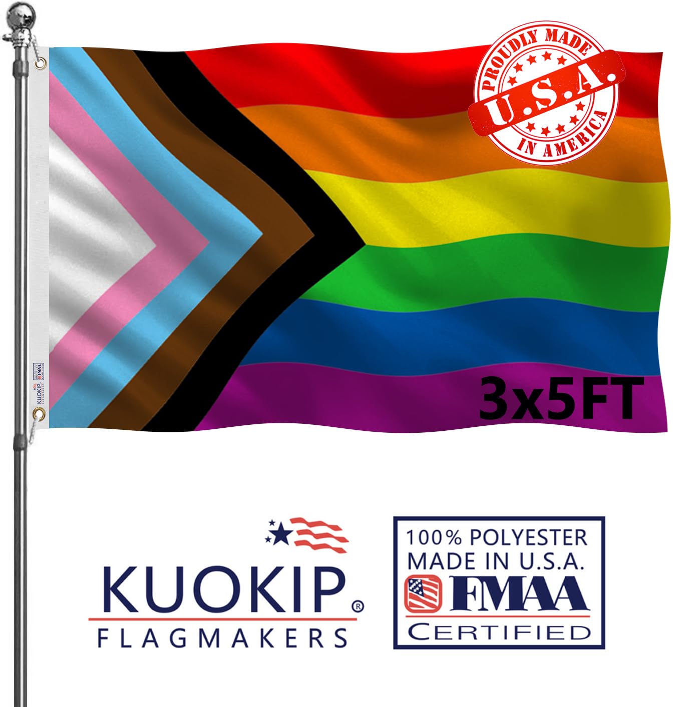 Double Sided Inclusive Progress Pride Rainbow Flag 3x5 Made in USA Outdoor Heavy Duty 3 Ply Polyester LGBTQ Rainbow Flags with White Starting Tape and 2 Brass Grommets