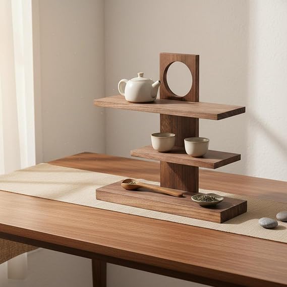 Multi-Tier Tea Set Display Rack Solid Wood Chinese Style Curio Shelf Strong Load-Bearing Asymmetrical Desktop Bookshelf for Collectors, Office
