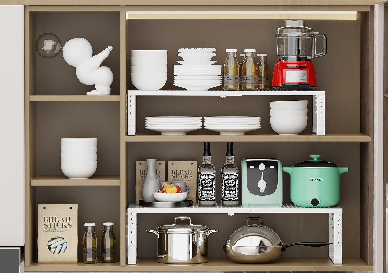 Jojocross Expandable Cabinet Shelf Organizer Storage Spice Rack Shelves for Kitchen Stackable Adjustable Pantry Cupboard Bathroom Countertop Desktop(1Pack/White/Large-with Hole)