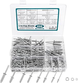 Elsjoy 450 Pieces 304 Stainless Steel Pop Rivets & Washers Assortment Kit, 1/8" 3/16" 1/4" Blind Rivet Set for Metal, Furniture, Automotive, Instruments