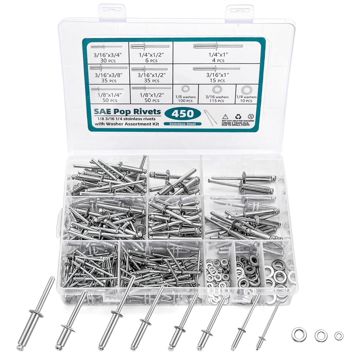 Elsjoy 450 Pieces 304 Stainless Steel Pop Rivets & Washers Assortment Kit, 1/8" 3/16" 1/4" Blind Rivet Set for Metal, Furniture, Automotive, Instruments