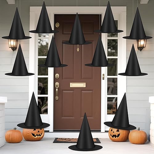 12 PCS Witch Hats, Thickened Hanging Witches Hat Halloween Decor, Black Wizard Hat with 164 FT Rope Witches Hats to Hang from Ceiling, Halloween Decorations Witch Costume Accessory