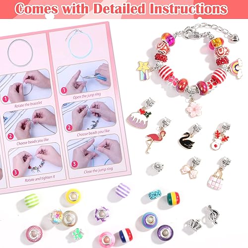 Miniatura 6 de Lezmarket Kit de 208 piezas para hacer pulseras con dijes para niñas, juego de regalo de manualidades de sirena de unicornio, kit de joyería para