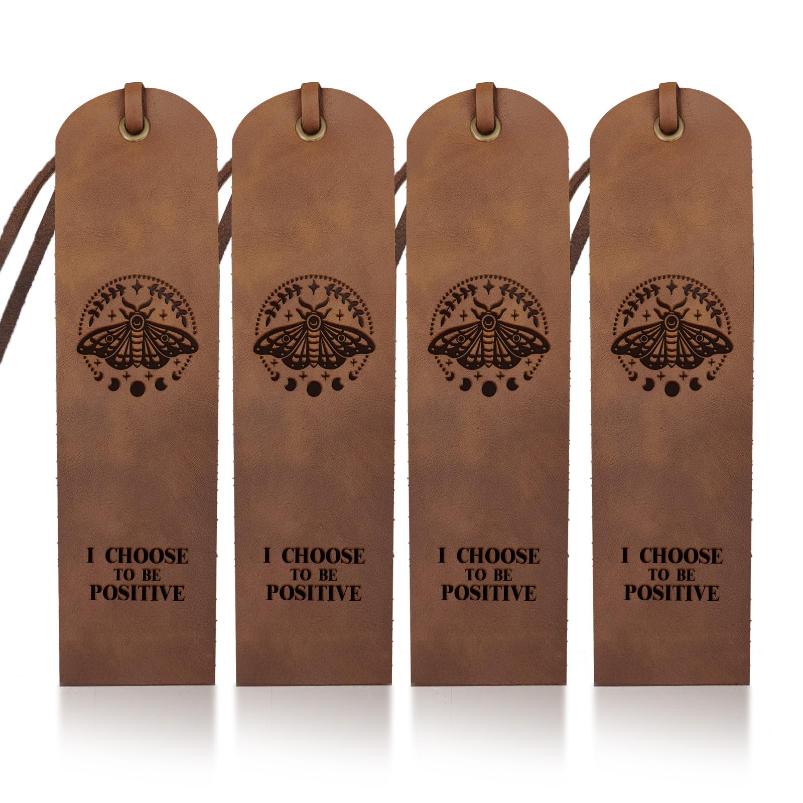 MAYJOYDIY 4pcs Moth Leaves Moon Phase Leather Bookmark Moon Star Leather Page Markers 5×18cm I Choose to Be Positive Text Handmade Vintage Book Mark for Book Reading Bookworms Writers Gifts