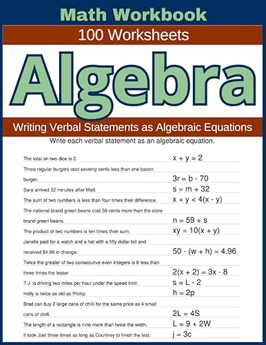 Algebra Writing Verbal Statements as Algebraic Equations Math Workbook 100 Worksheets Practical Exercises for Mastering Verbal-to-Algebraic Equation