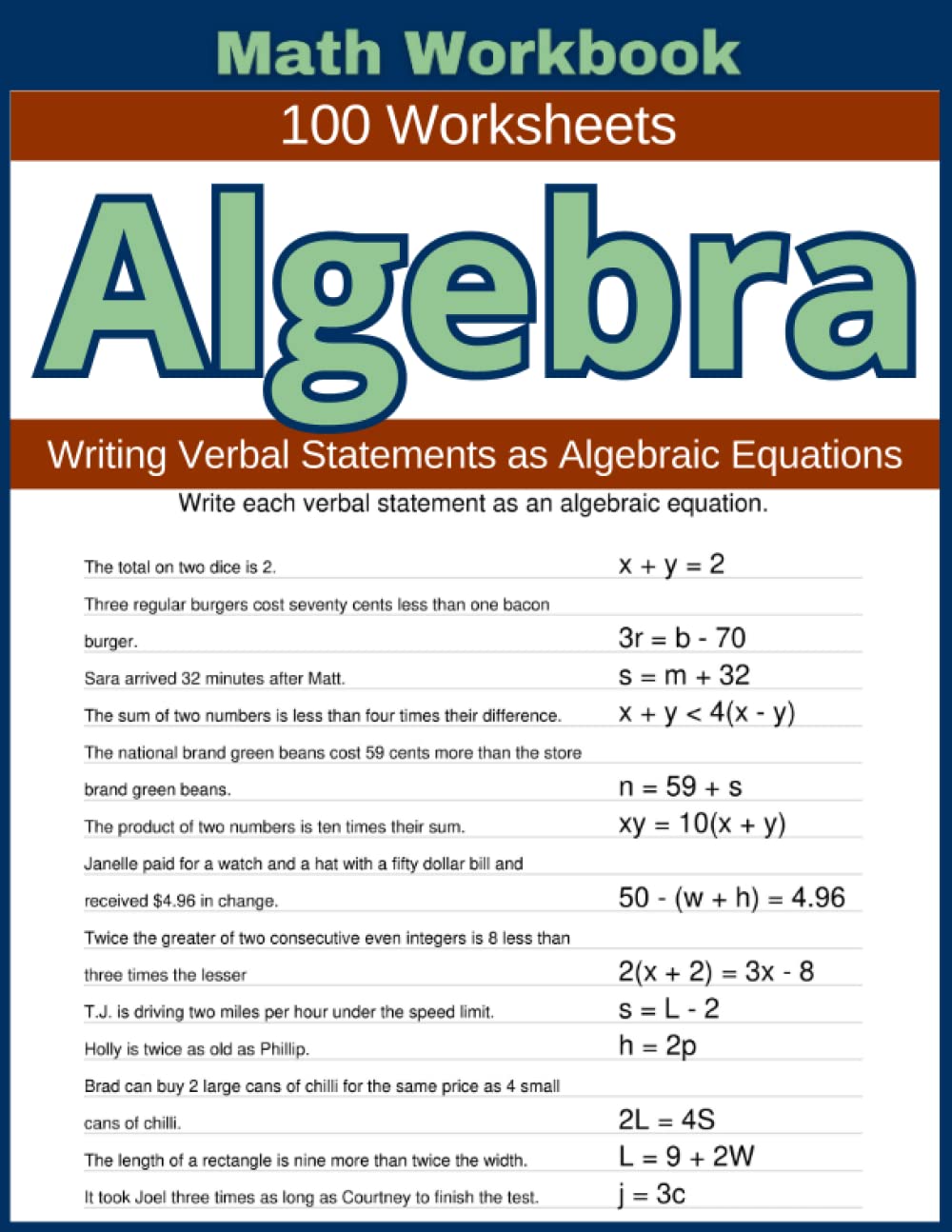Algebra Writing Verbal Statements as Algebraic Equations Math Workbook 100 Worksheets: Practical Exercises for Mastering Verbal-to-Algebraic Equation Writing