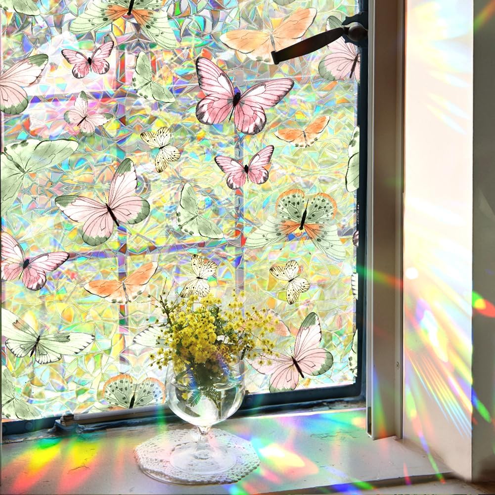 GORGECRAFT 39.4x16.9 Inch Rainbow Window Privacy Film Sun Blocking UV Proof Static Cling 3D Little Daisy Non-Adhesive Stained Window Decals Prism Decorative Static Sticker Coverings for Room Home