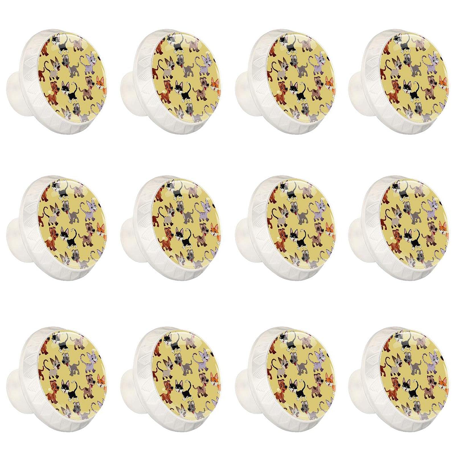 Boutons d'armoires de cuisine en lot de 12 pièces boutons ronds motif chien et chat jaune