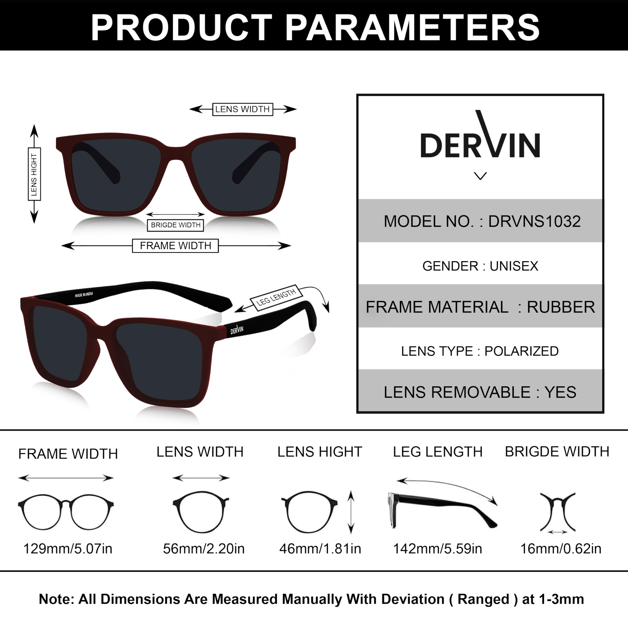 Dervin Gafas de sol cuadradas polarizadas con protección UV para hombre y mujer