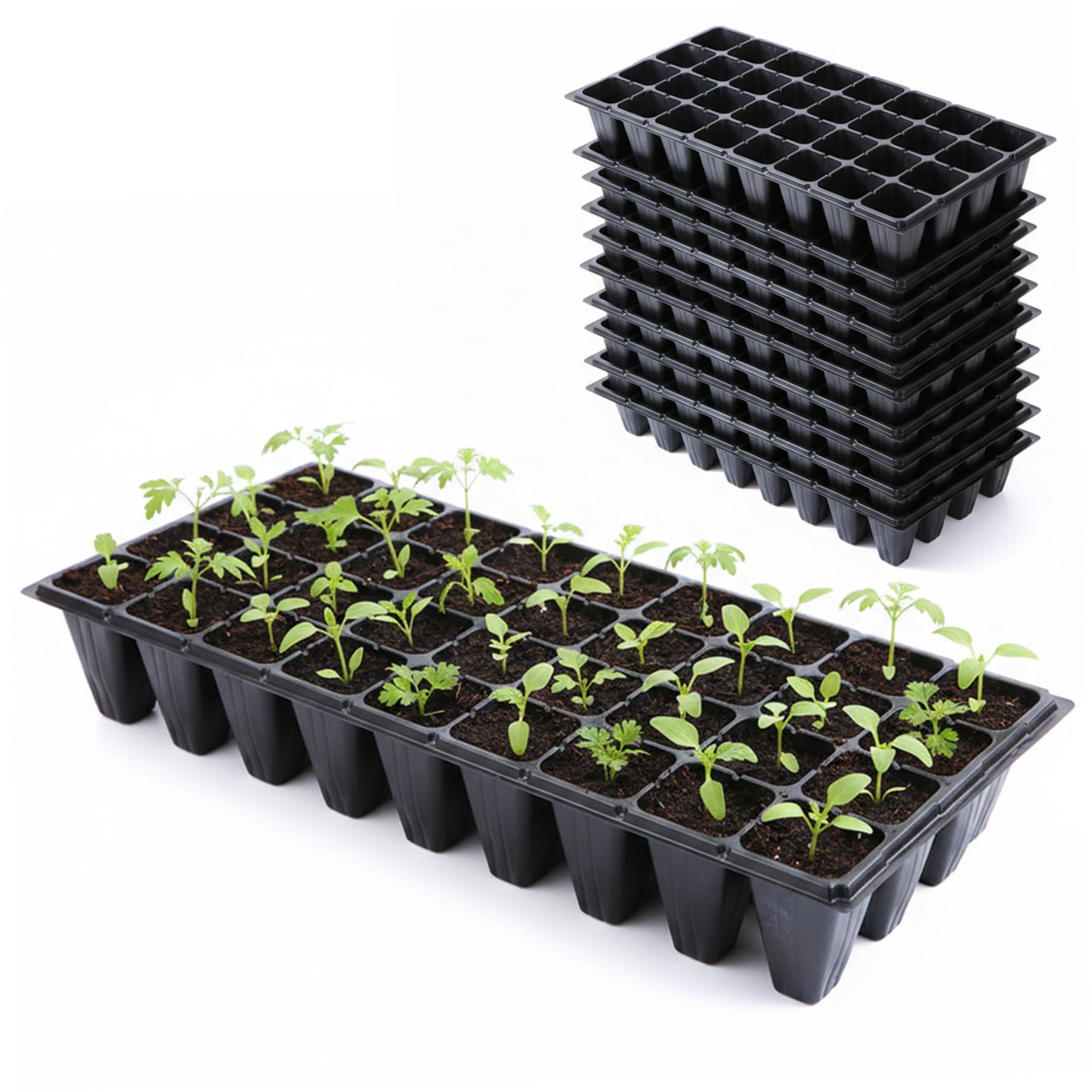 CAKEEYUM 10-Pack Seed Starter Tray, 32 Cells Black Plastic Seedling Trays with Drainage Holes for Indoor Greenhouse Gardening Seed Starter Tray, Starting Trays, Seedling, Sta