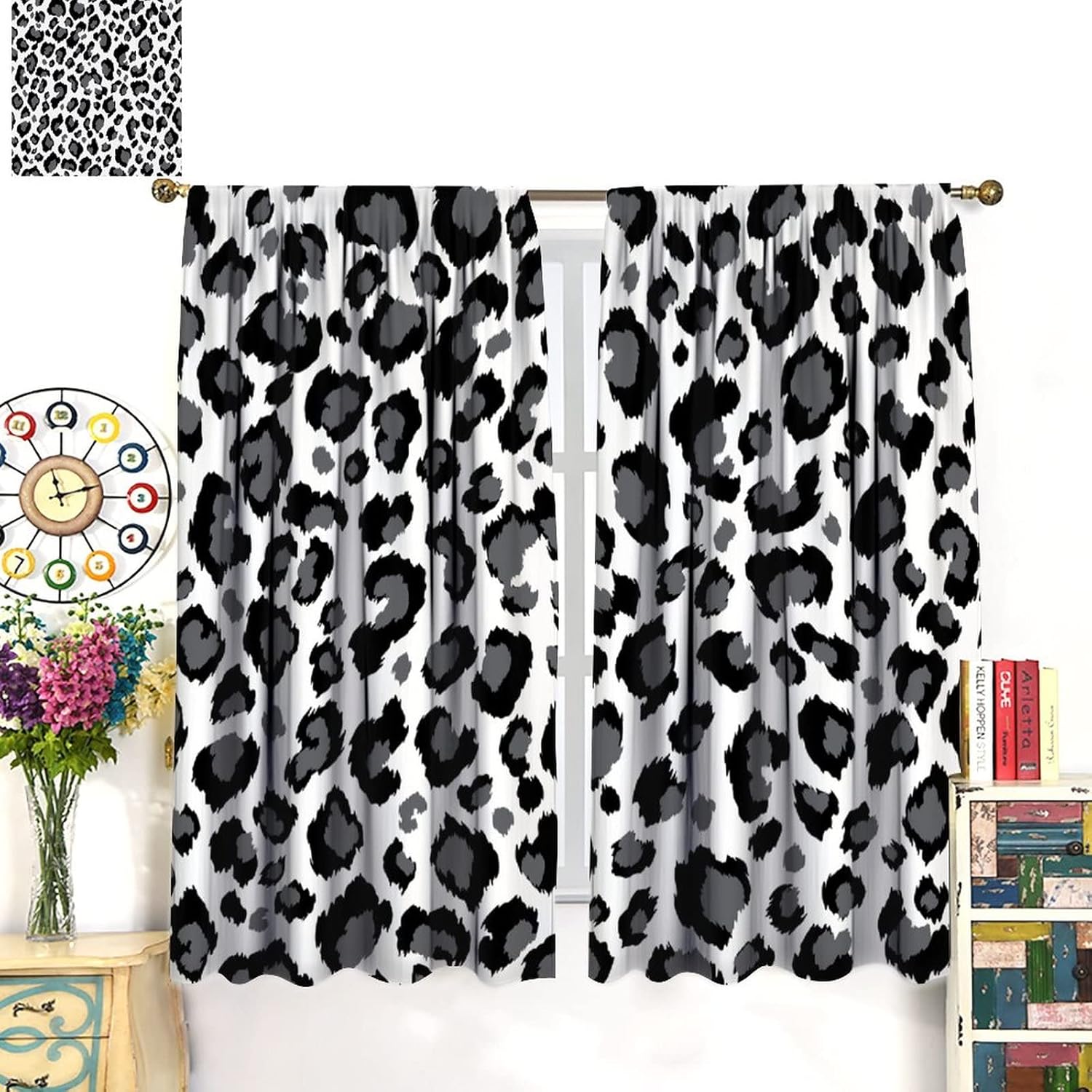 Animal Skin Curtains for Kitchen Black White Leopard Print Modern Simple Geometric Art Printed Living Room Bedroom Window Drapes 42x45in