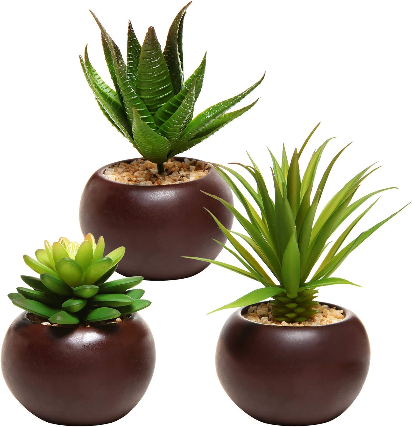 MyGift Succulents Plants Artificial, Fake Faux Indoor House Plants in Round Brown Ceramic Pots, Set of 3