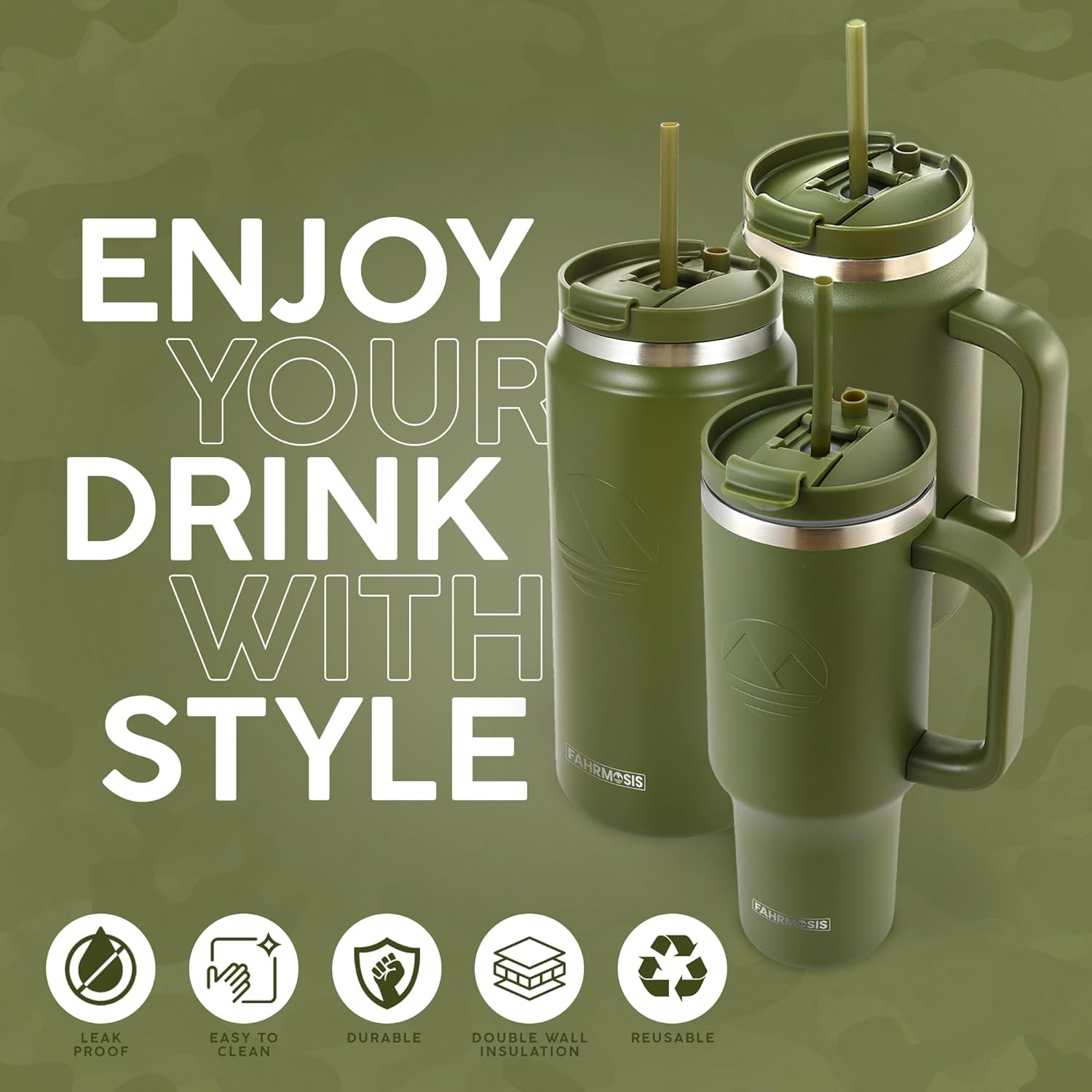 64 Oz Tumbler with Handle and Straw Half Gallon Water Bottle Stainless Steel Travel Mug for Hot & Cold Drinks, Reusable Water Bottle with Lids and Straw - Army Green - Image 4