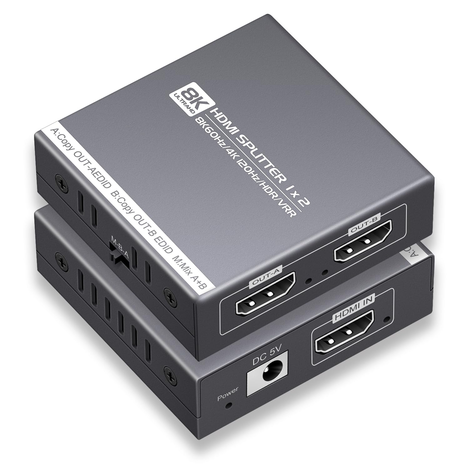 Divisor HDMI 1 en 2 salidas 4K 120Hz 8K 60Hz, HDMI 2.1 divisor compatible con HDCP 2.3, EDID, VRR, HDR10, Dolby, para PS5/4, Xbox, Fire Stick, reproductor Blu-ray, caja de sincronización Hue, etc