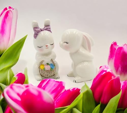 Miniatura 6 de Juego de salero y pimentero de cerámica fina, conejo besando conejo, 3-7/8 pulgadas de alto
