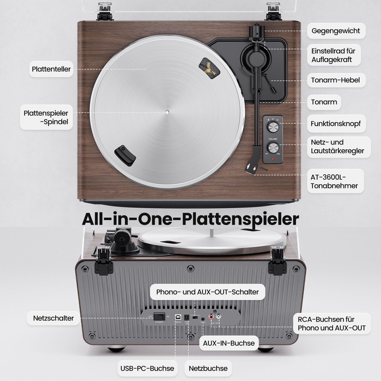 All in One Plattenspieler mit 4 Stereo Integrierten Lautsprecher,Hi-Fi Schallplattenspieler,Vinyl Record Player Bluetooth,USB PC Digitaler Ausgang,Phono Vorverstärker,AT-3600L,33/45U/min