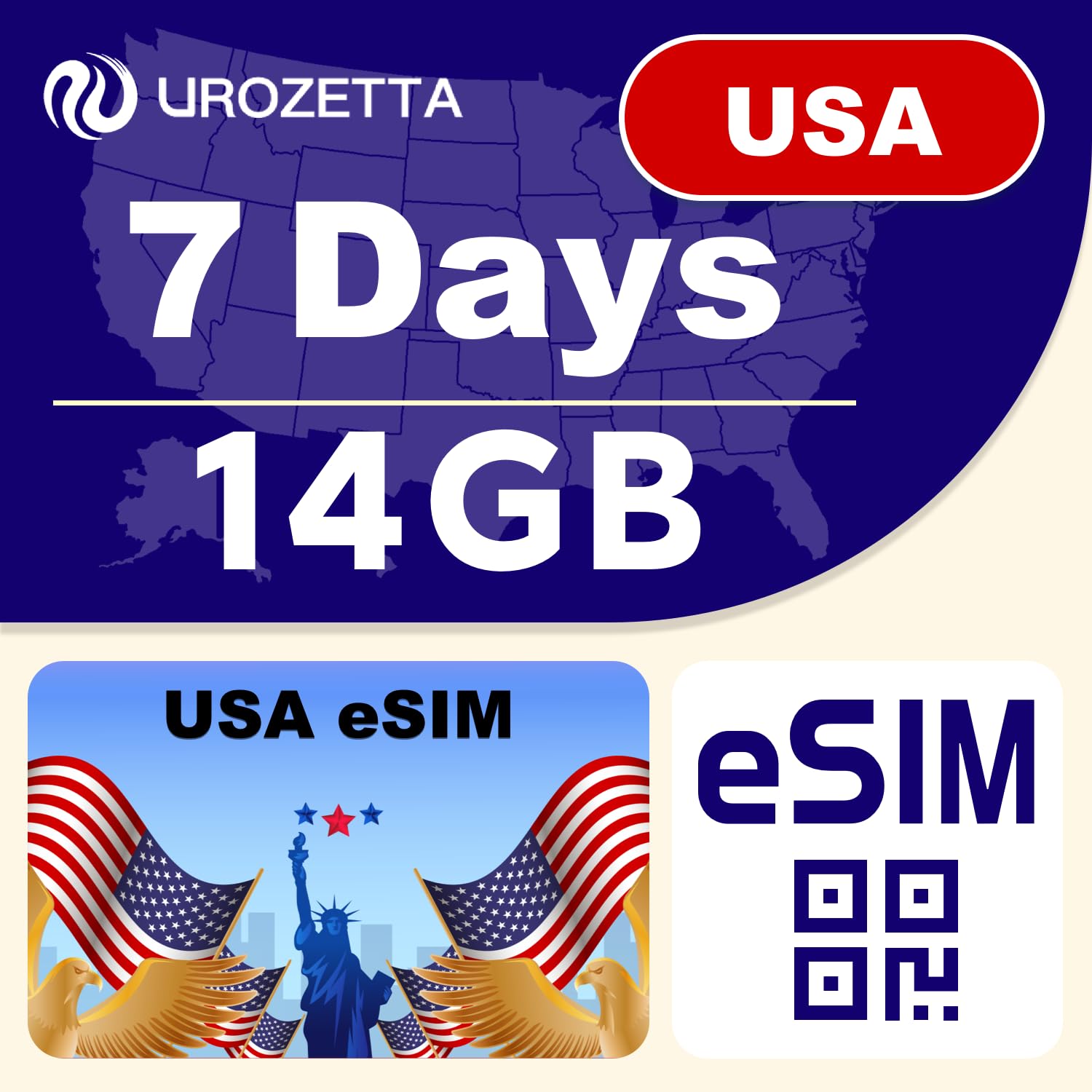 USA eSIM 7 Days 14GB, 2GB Daily High-Speed 4G LTE Network and Unlimited Data at Reduced Speed, Travel eSIM with Nationwide Coverage, Easy Activation,