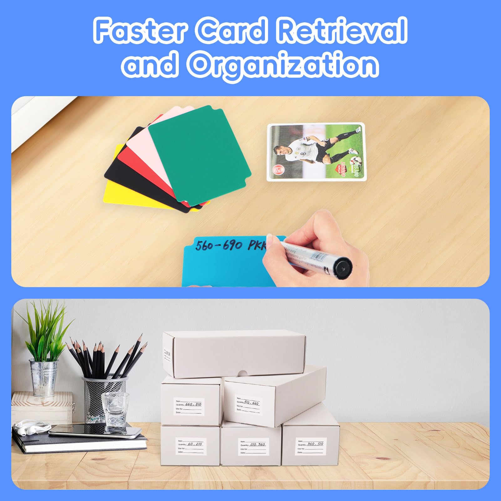 Scatole portaoggetti per carte, confezione da 6, 3600 pezzi, scatole di cartone per carte sportive, giochi da collezione e carte collezionabili, scatola per collezionisti di carte, 3 pennarelli